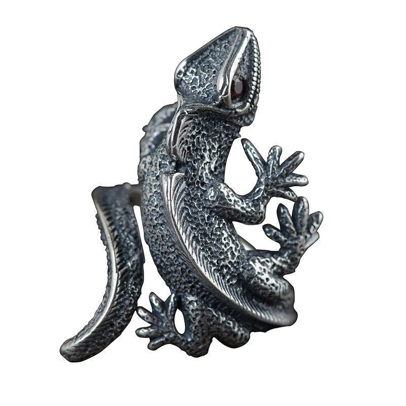 Silver-Style Vintage Bold Red-Eyed Lizard Statement Adjustable Ring