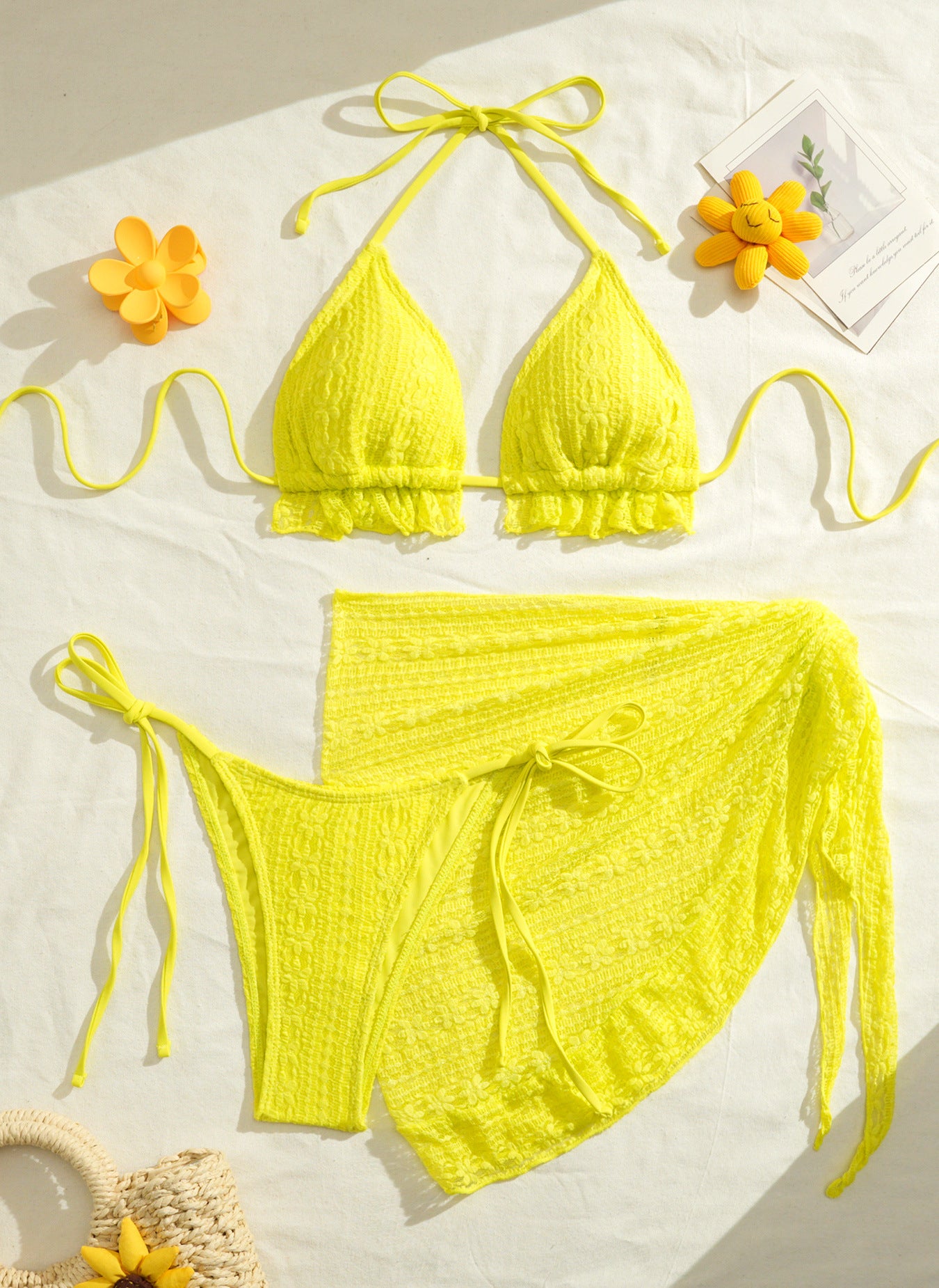 Three-piece Gauze Skirt Swimsuit Bikini Halterneck Solid-color Swimsuit