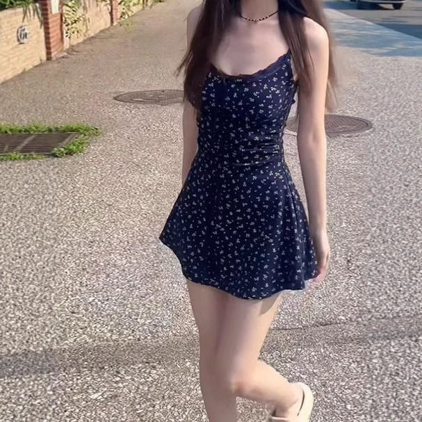 Blue Floral Spaghetti Strap Dress Women
