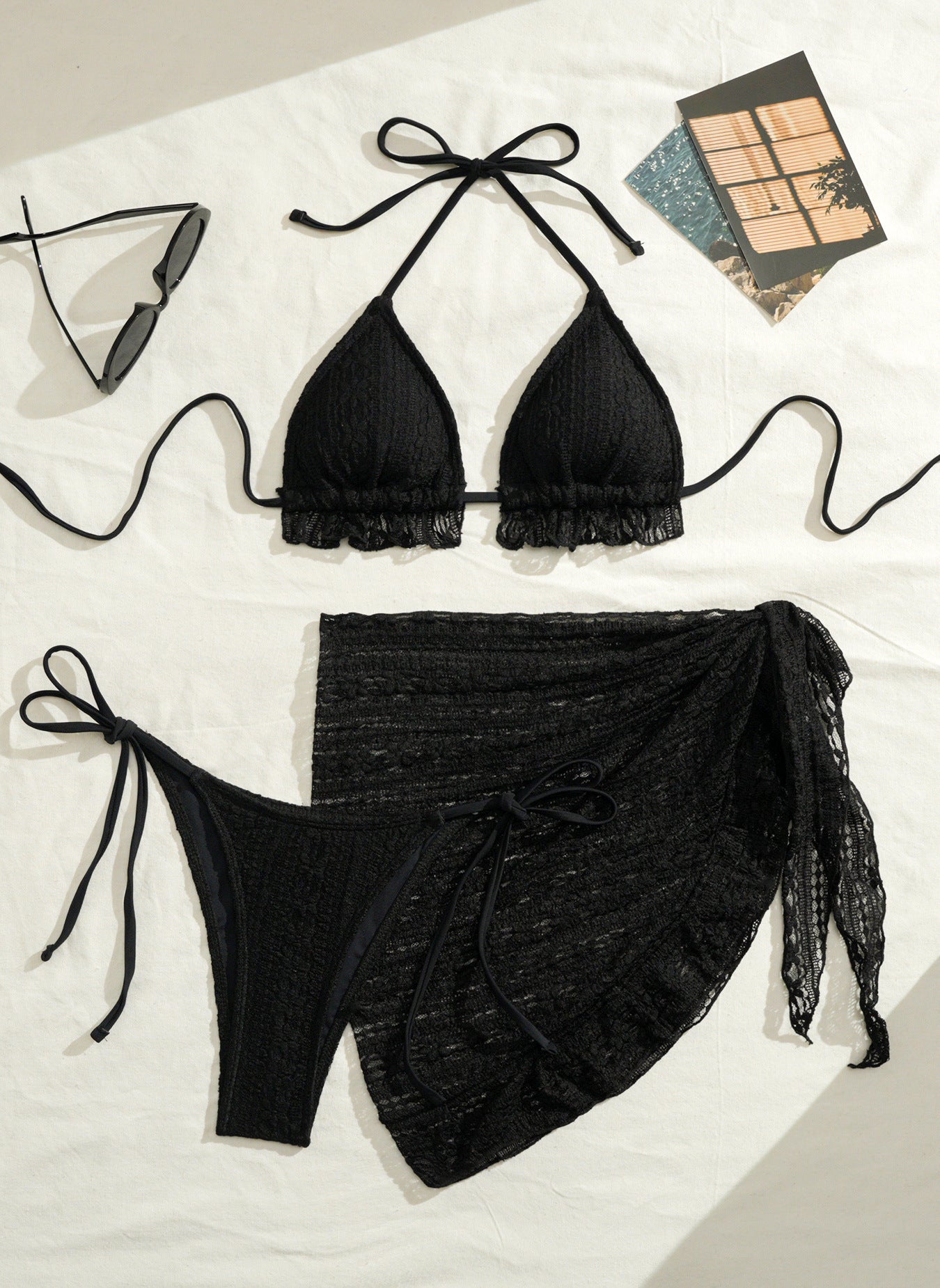Three-piece Gauze Skirt Swimsuit Bikini Halterneck Solid-color Swimsuit