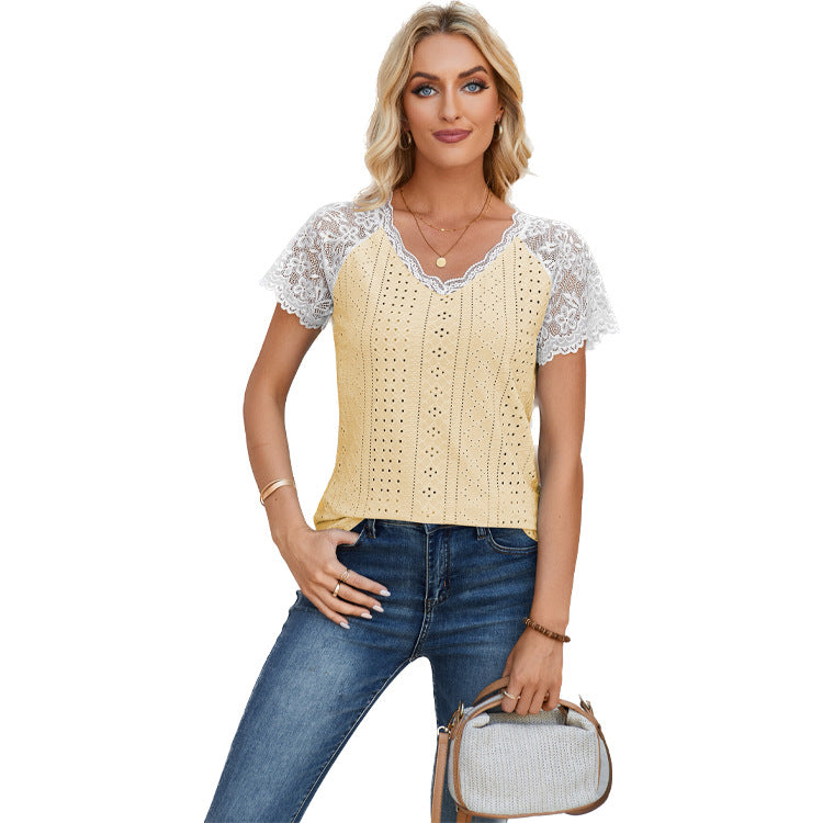 V-neck Lace-Patchwork Loose Casual Eyelet T-Shirt