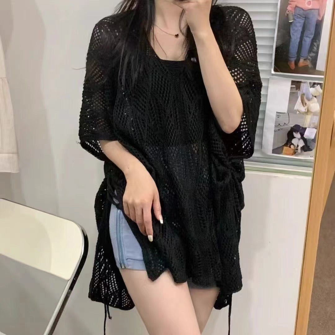 Women's Solid-Color Hollow-Out Lightweight Pullover Knit Sweater