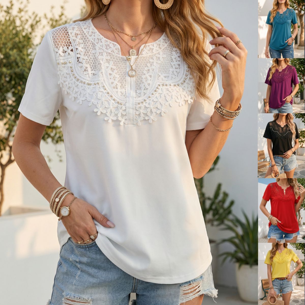 Hollow-out Pearl-trimmed Loose Short-sleeve T-shirt For Women