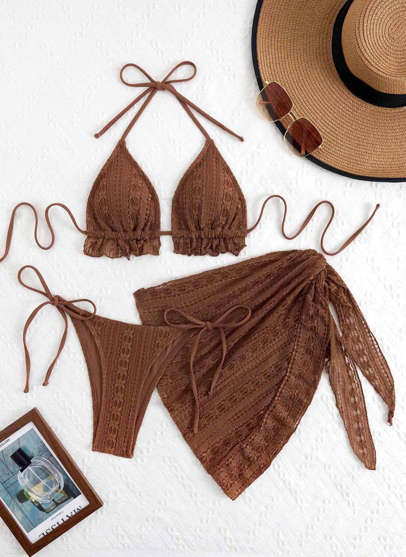 Three-piece Gauze Skirt Swimsuit Bikini Halterneck Solid-color Swimsuit