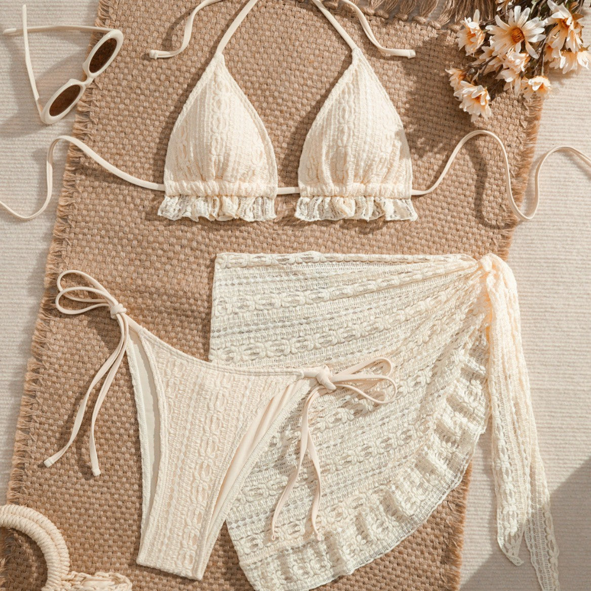 Three-piece Gauze Skirt Swimsuit Bikini Halterneck Solid-color Swimsuit