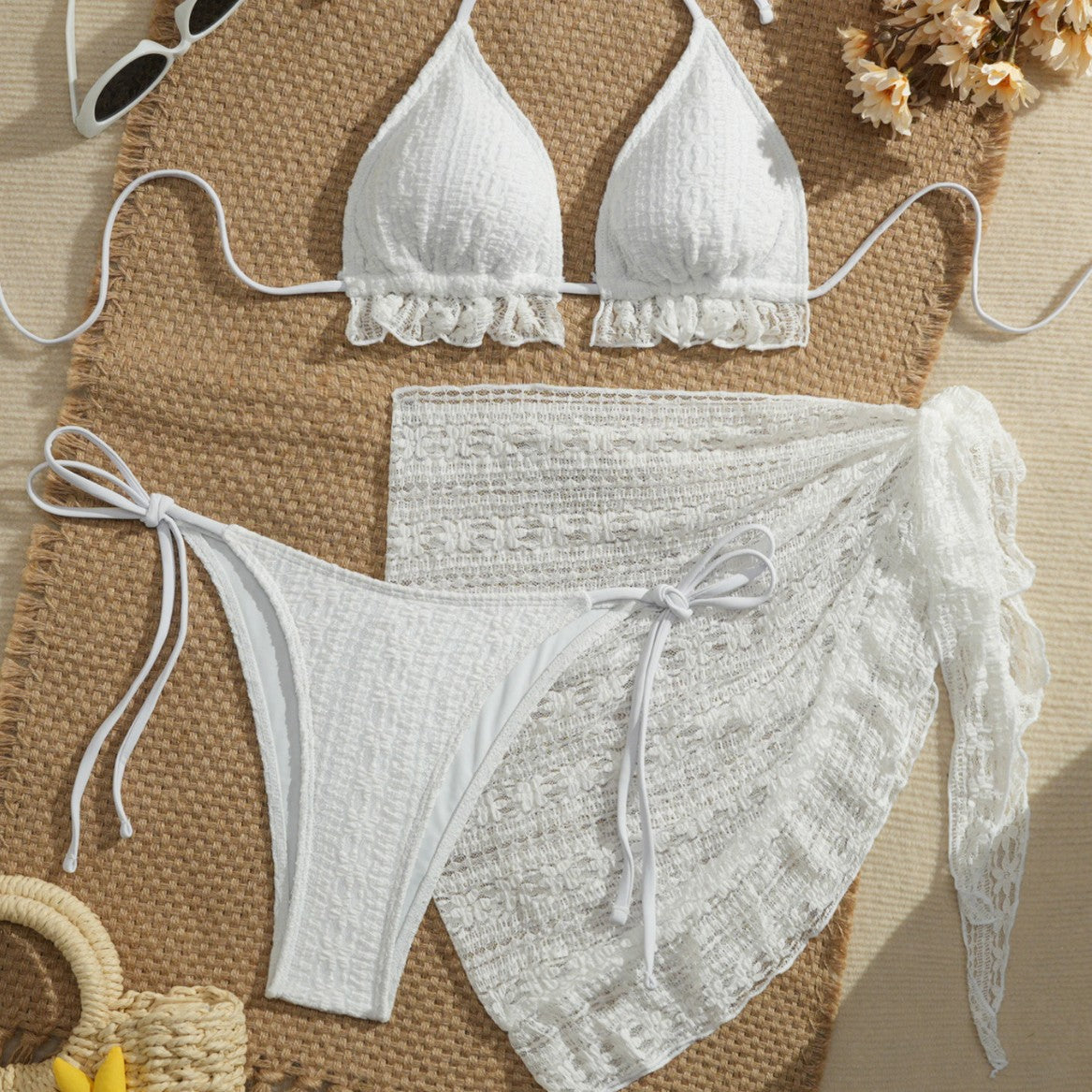 Three-piece Gauze Skirt Swimsuit Bikini Halterneck Solid-color Swimsuit