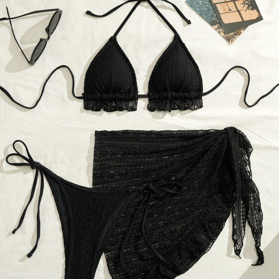 Three-piece Gauze Skirt Swimsuit Bikini Halterneck Solid-color Swimsuit
