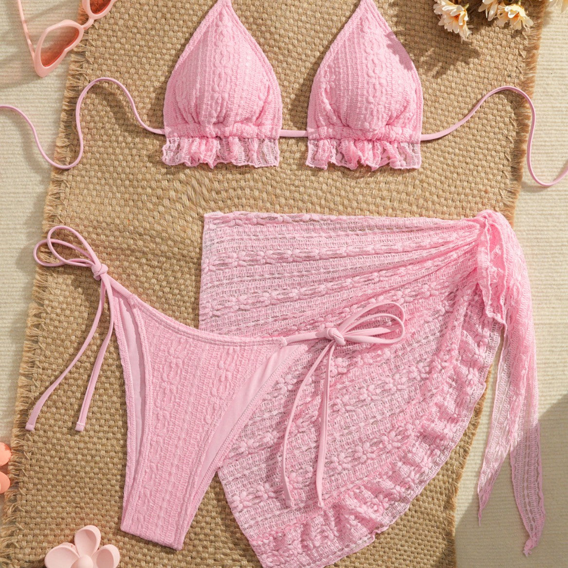 Three-piece Gauze Skirt Swimsuit Bikini Halterneck Solid-color Swimsuit