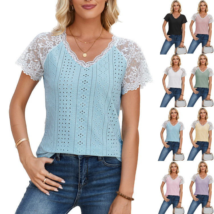 V-neck Lace-Patchwork Loose Casual Eyelet T-Shirt