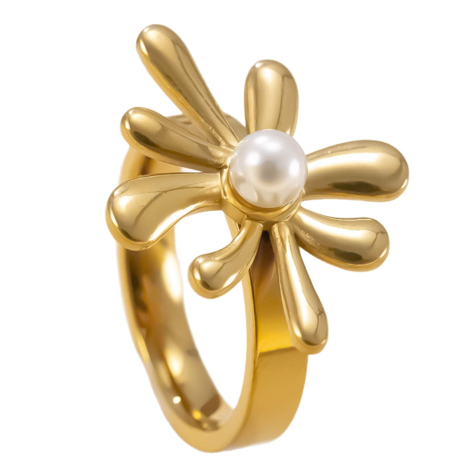 Flower-inlaid Pearl Stainless Steel Ring For Women