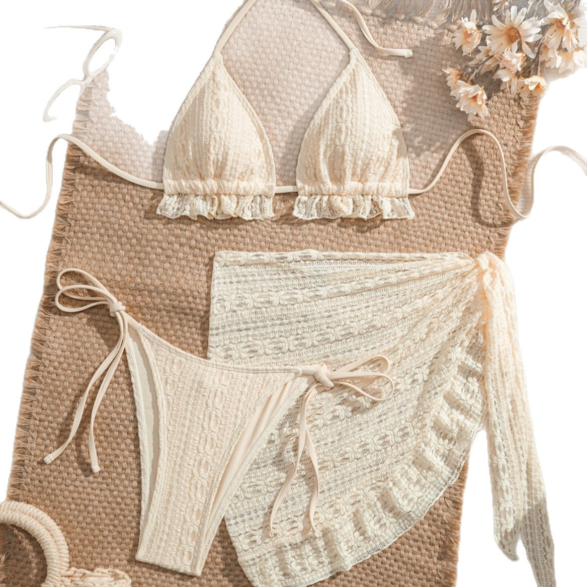 Three-piece Gauze Skirt Swimsuit Bikini Halterneck Solid-color Swimsuit