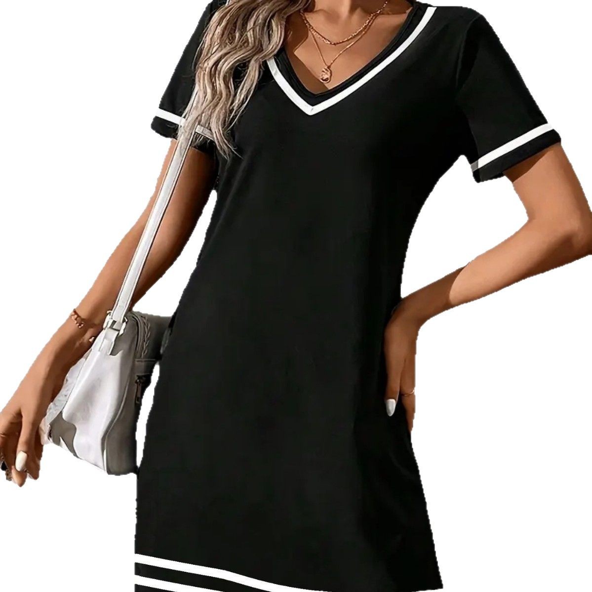 V-neck Fashionable And Elegant Contrast-color Short-sleeve Dress