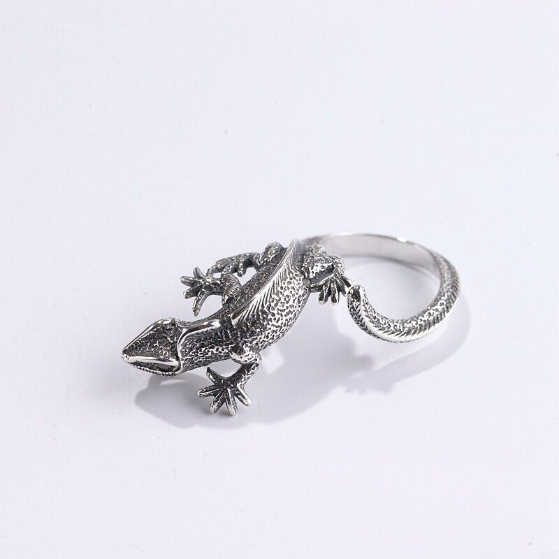 Silver-Style Vintage Bold Red-Eyed Lizard Statement Adjustable Ring