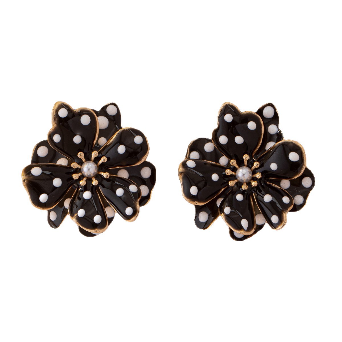 French-style Retro Black And White Polka-Dot Flower Earrings