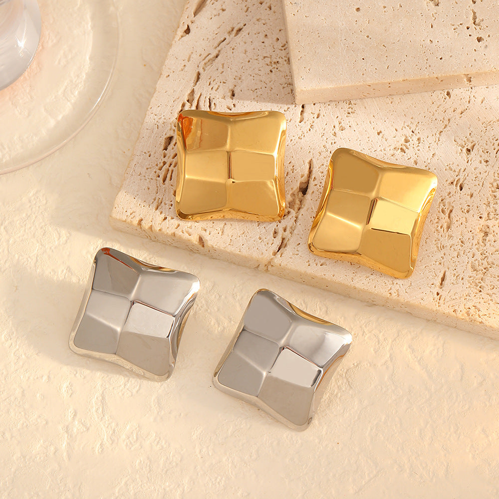 Geometric Embossed Cube Titanium Steel Earrings