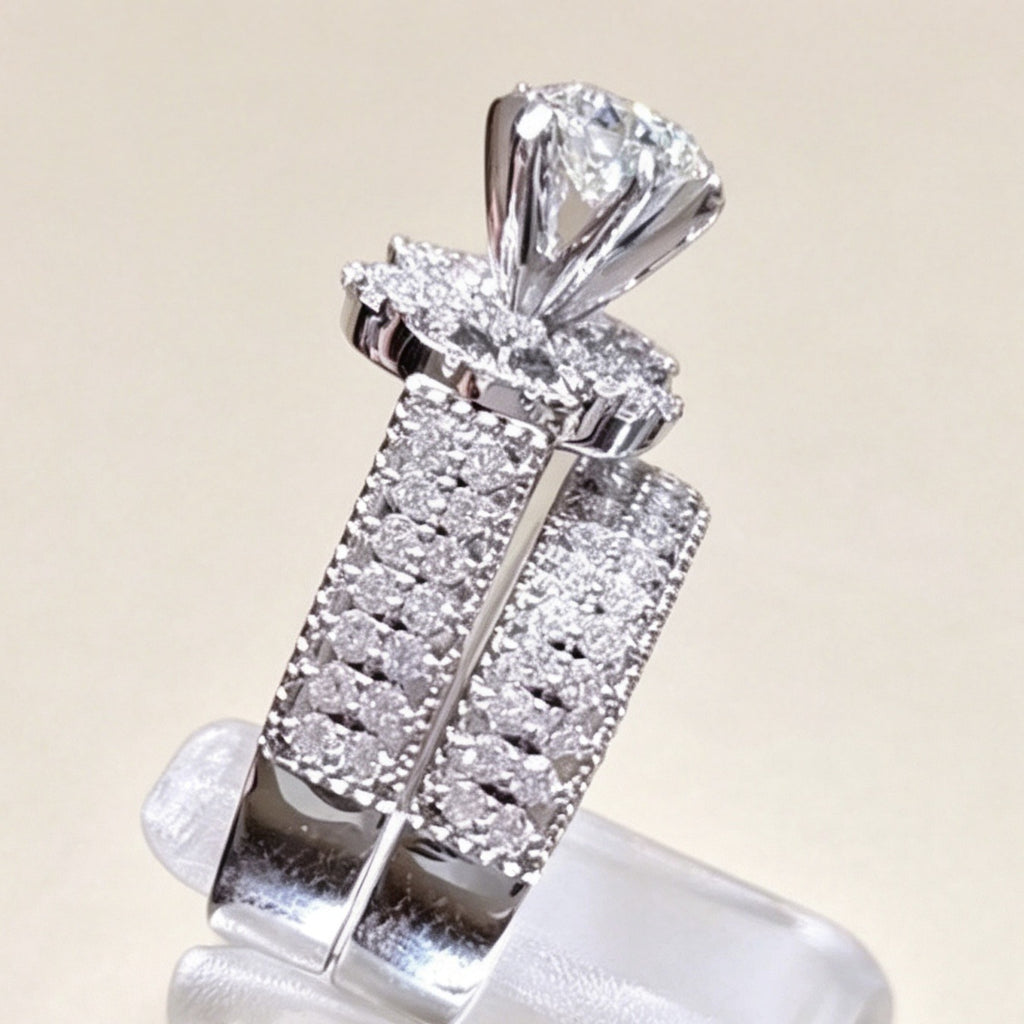 Fashionable Light Luxury Fully Diamond-Encrusted Platinum-Plated Womens Ring