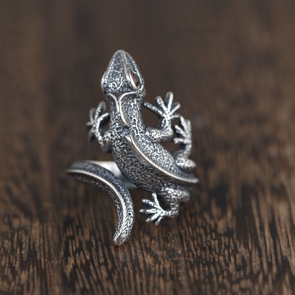 Silver-Style Vintage Bold Red-Eyed Lizard Statement Adjustable Ring