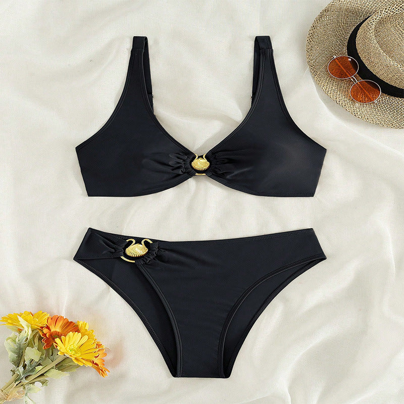 European And American Solid-Colored Strap Swimsuit Women