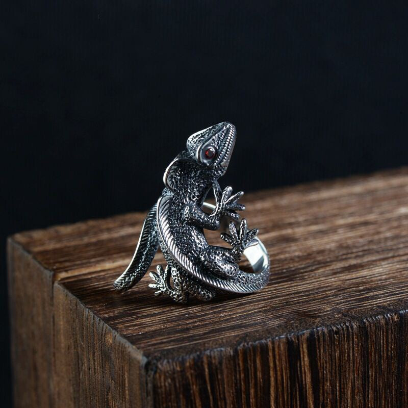 Silver-Style Vintage Bold Red-Eyed Lizard Statement Adjustable Ring