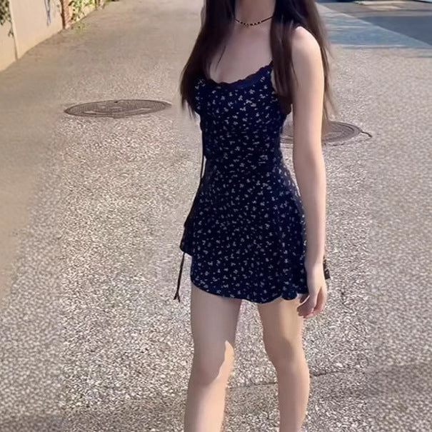 Blue Floral Spaghetti Strap Dress Women