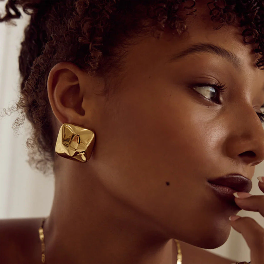 Geometric Embossed Cube Titanium Steel Earrings