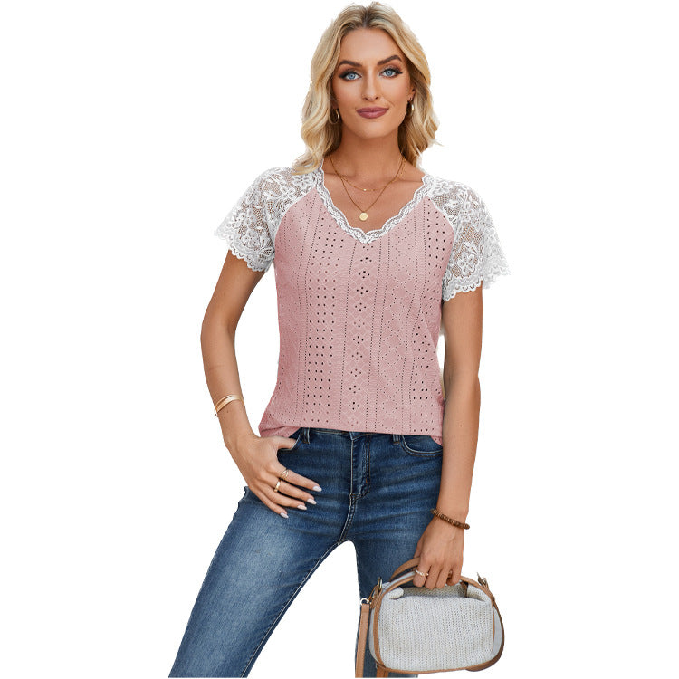 V-neck Lace-Patchwork Loose Casual Eyelet T-Shirt